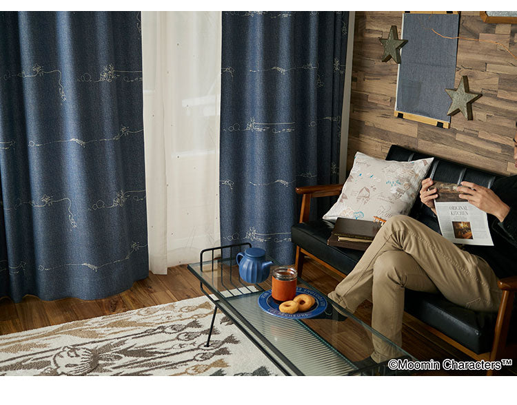 【MOOMIN】1級遮光カーテン 日本製 ムーミン DENIM BORDER デニムボーダー 1枚入 ウォッシャブル 洗える 形状記憶加工 北欧 おしゃれ(代引不可)