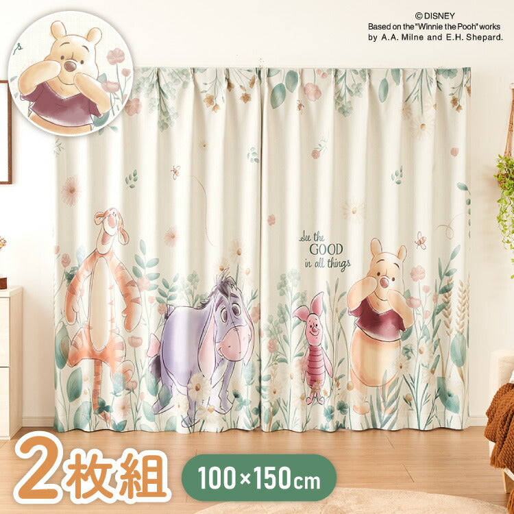 【Disney】プーさん絵羽遮光カーテン 2枚組 100×150cm ドレープカーテン 遮光 洗える 洗濯 カーテン フック タッセル付き おしゃれ かわいい ディズニー くまのプーさん ピグレット ティガー イーヨー(代引不可)