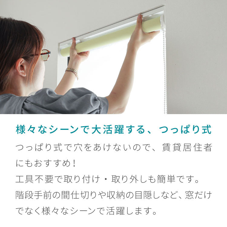 つっぱり ロールスクリーン 1級遮光 1mm単位 オーダー対応 オーダーロールスクリーン ネジ不要 穴あけ不要 つっぱりタイプ つっぱり式 突っ張り 賃貸 日本製 遮熱 断熱 無地 間仕切り リビング 階段 ロールカーテン(代引不可)
