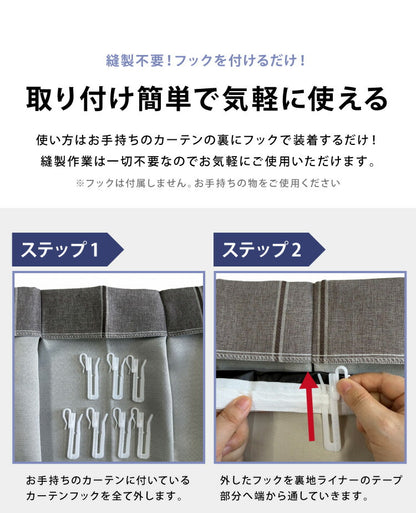 完全遮光 裏地ライナー 2枚組 遮光率100% 断熱 保温 遮音 ウォッシャブル 取付簡単 後付け裏地カーテン 遮光 防音 省エネ レース カーテン 2枚セット 幅105 丈130 丈173 丈195(代引不可)
