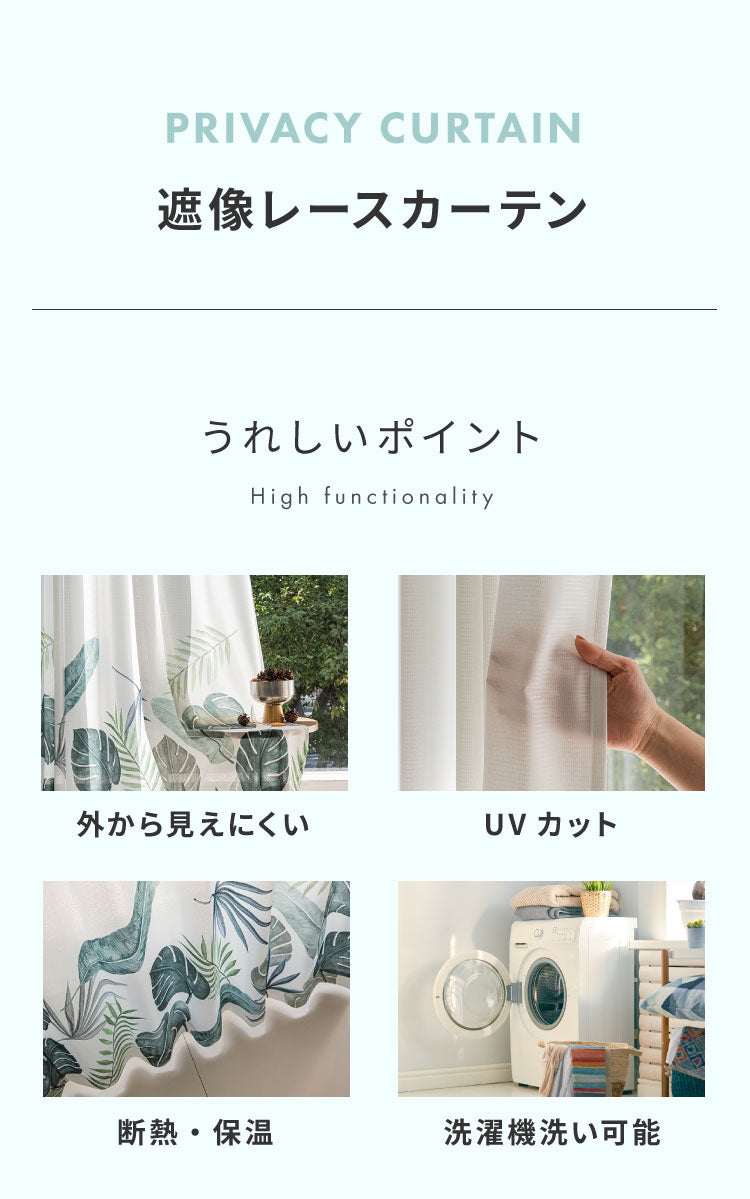 レースカーテン 柄 モンステラ プリント 見えにくい 40サイズ UVカット 遮像 断熱 保温 ウォッシャブル カーテン 省エネ 一人暮らし 新生活 幅100 幅200 ボタニカル 植物