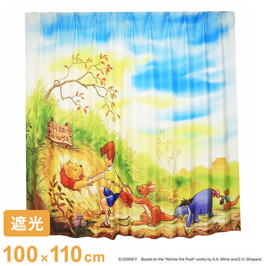 【Disney】ディズニー 遮光カーテン 幅100x110cm丈 2枚組 くまのプーさん 絵羽柄 つながる一枚絵アートカーテン 洗える 可愛い グッズ イエロー Disney MORIPiLO (代引不可)